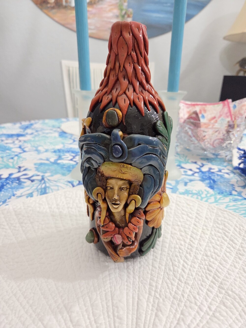 Vtg Mexican Aztec/Mayan Clay Art Bottle With Sculpted Face